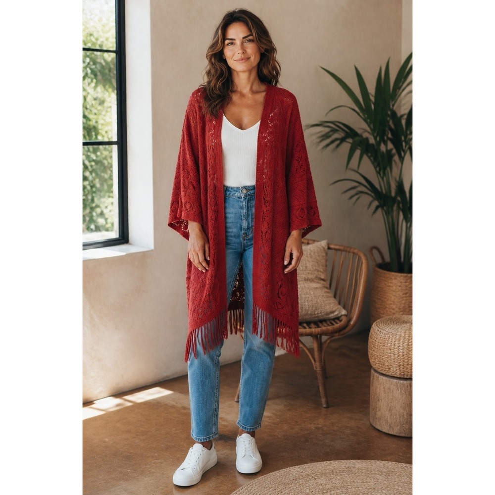 Lildy Women Wine Red Crochet Fringe Kimono Cardigan Duster L-XL Boho Open Front - Picture 1 of 5